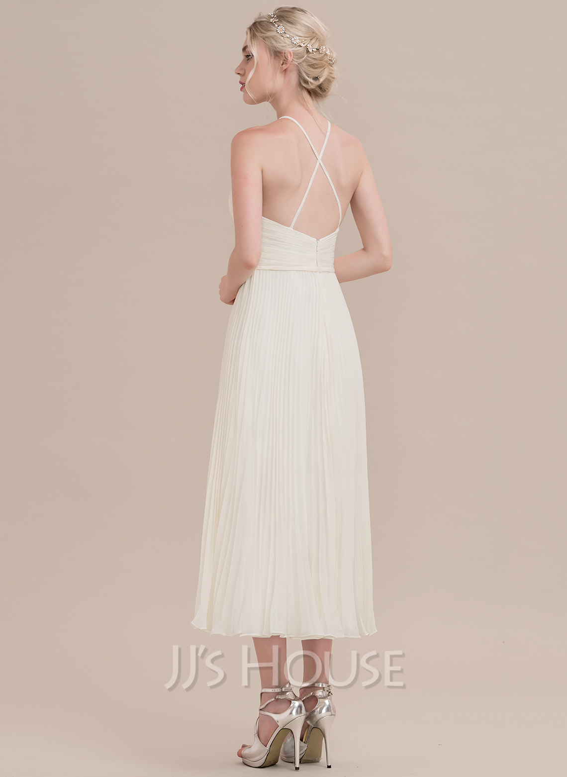 A-Line Scoop Neck Pleated Chiffon Tea-Length Dress Watermelon