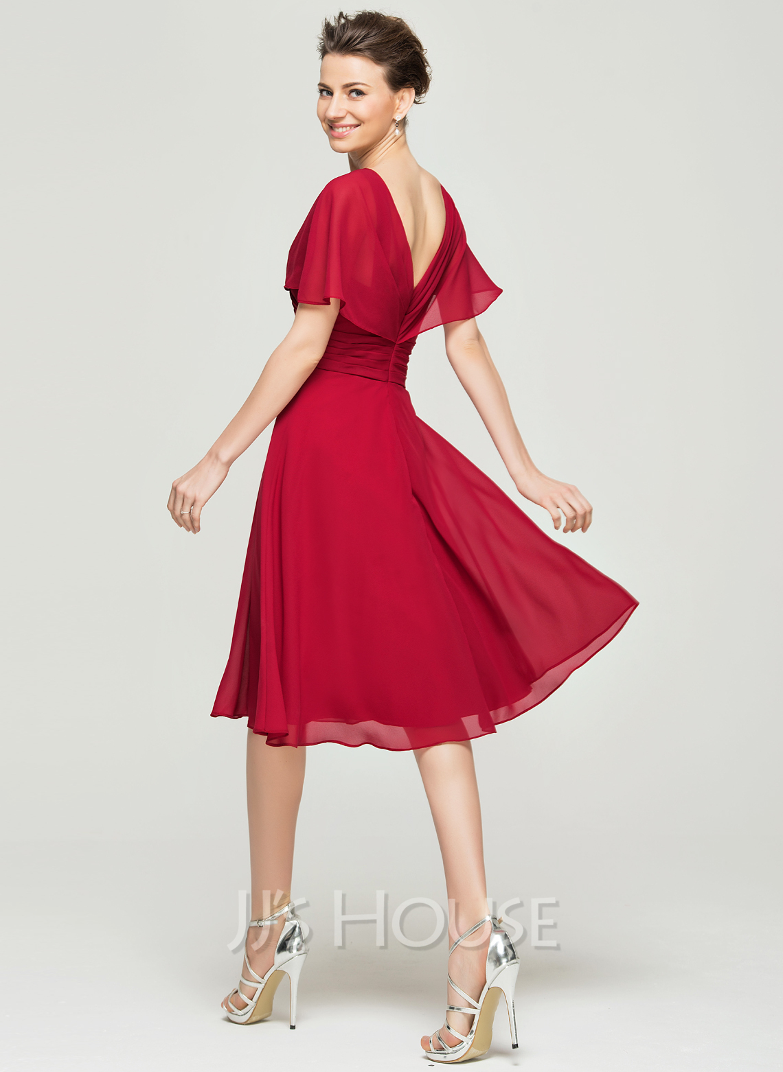 A-Line V-neck Knee-Length Chiffon Cocktail Dress With Ruffle (016111361 ...