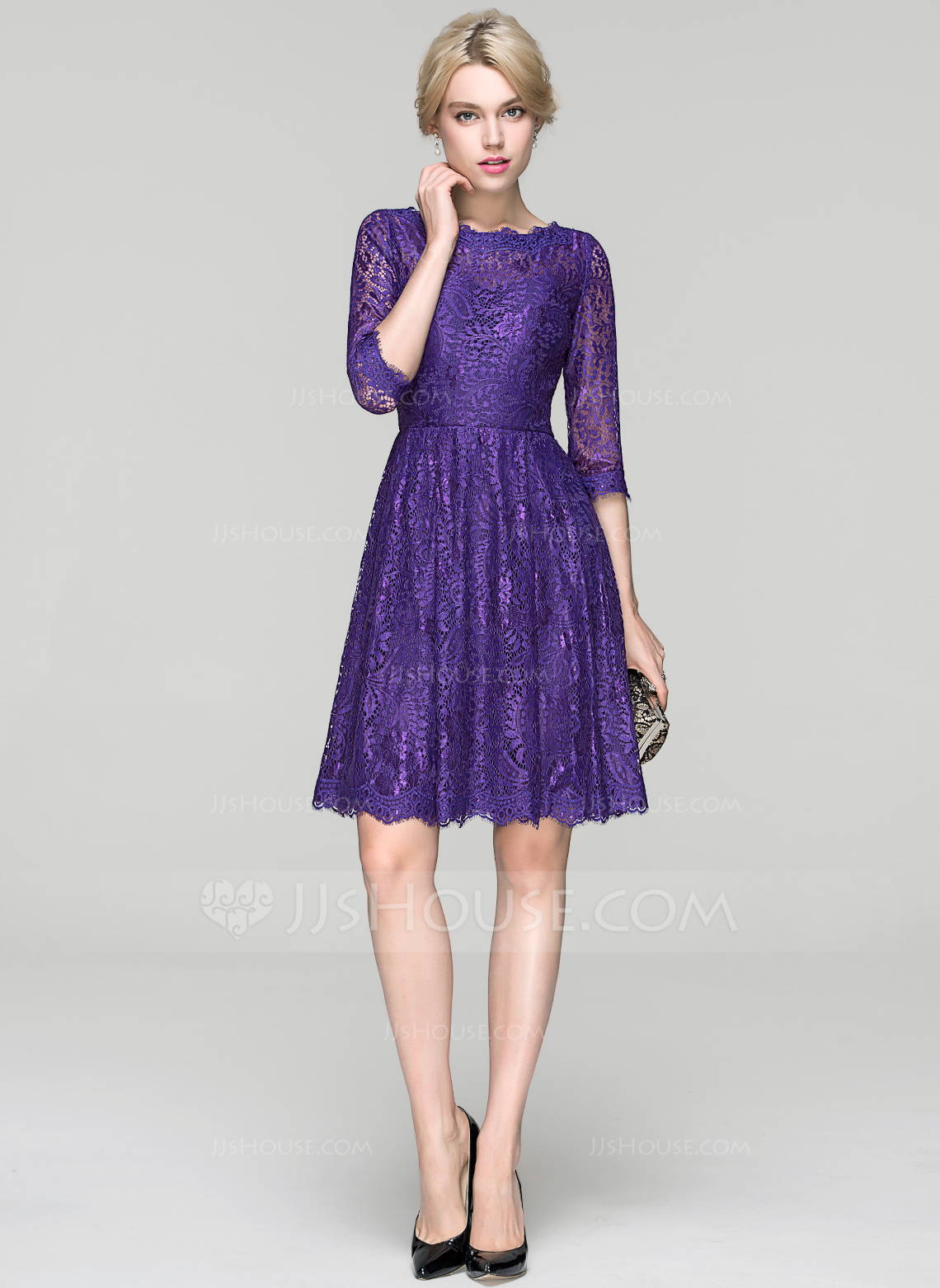 A-Line/Princess Scoop Neck Knee-Length Lace Cocktail Dress (016094342 ...