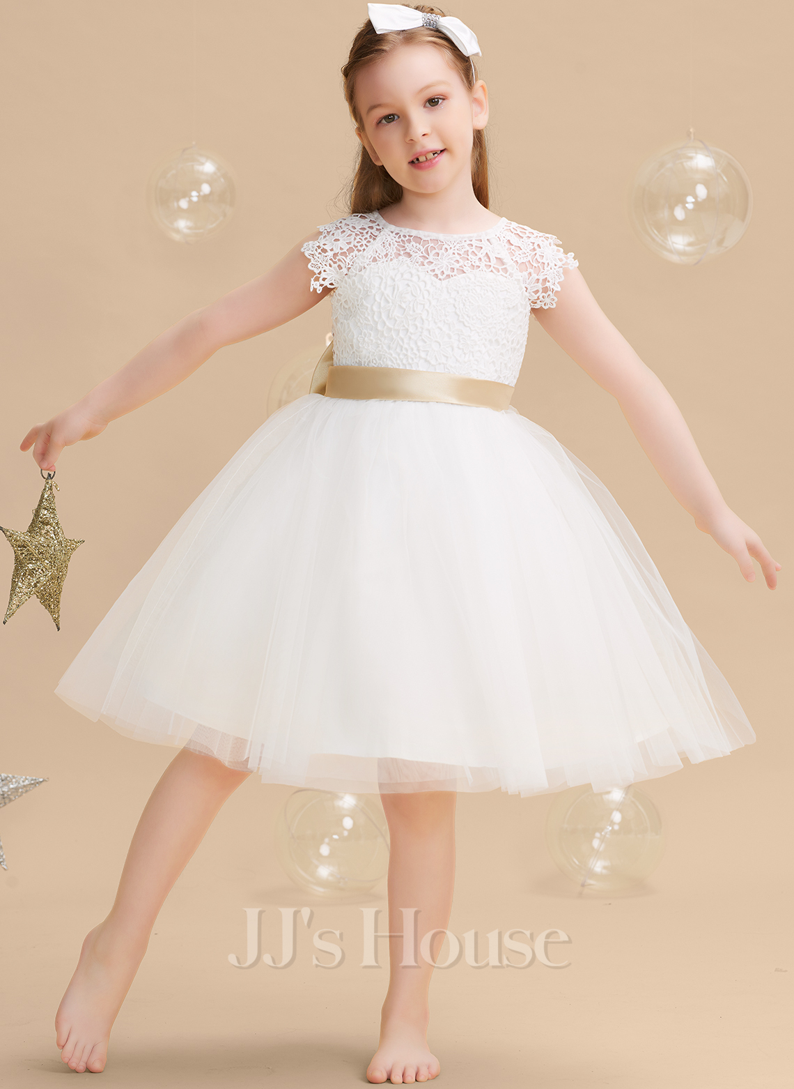 Scoop A-Line Flower Girl Knee-length Dress With Bow Sash White