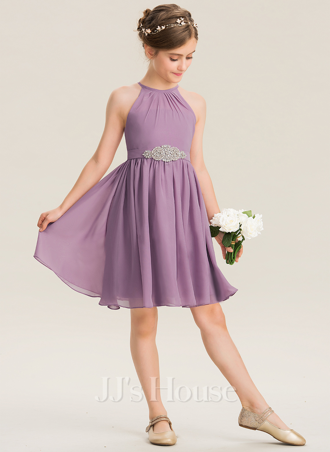 Knee-Length Junior Bridesmaid Dresses With Bowknot Straps Peach main image 1