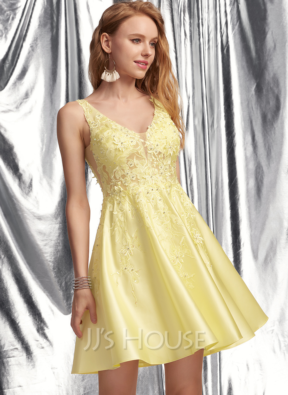 A Line V Neck Short Yellow Beaded Satin Homecoming Dresses LBQH0147 main image 1