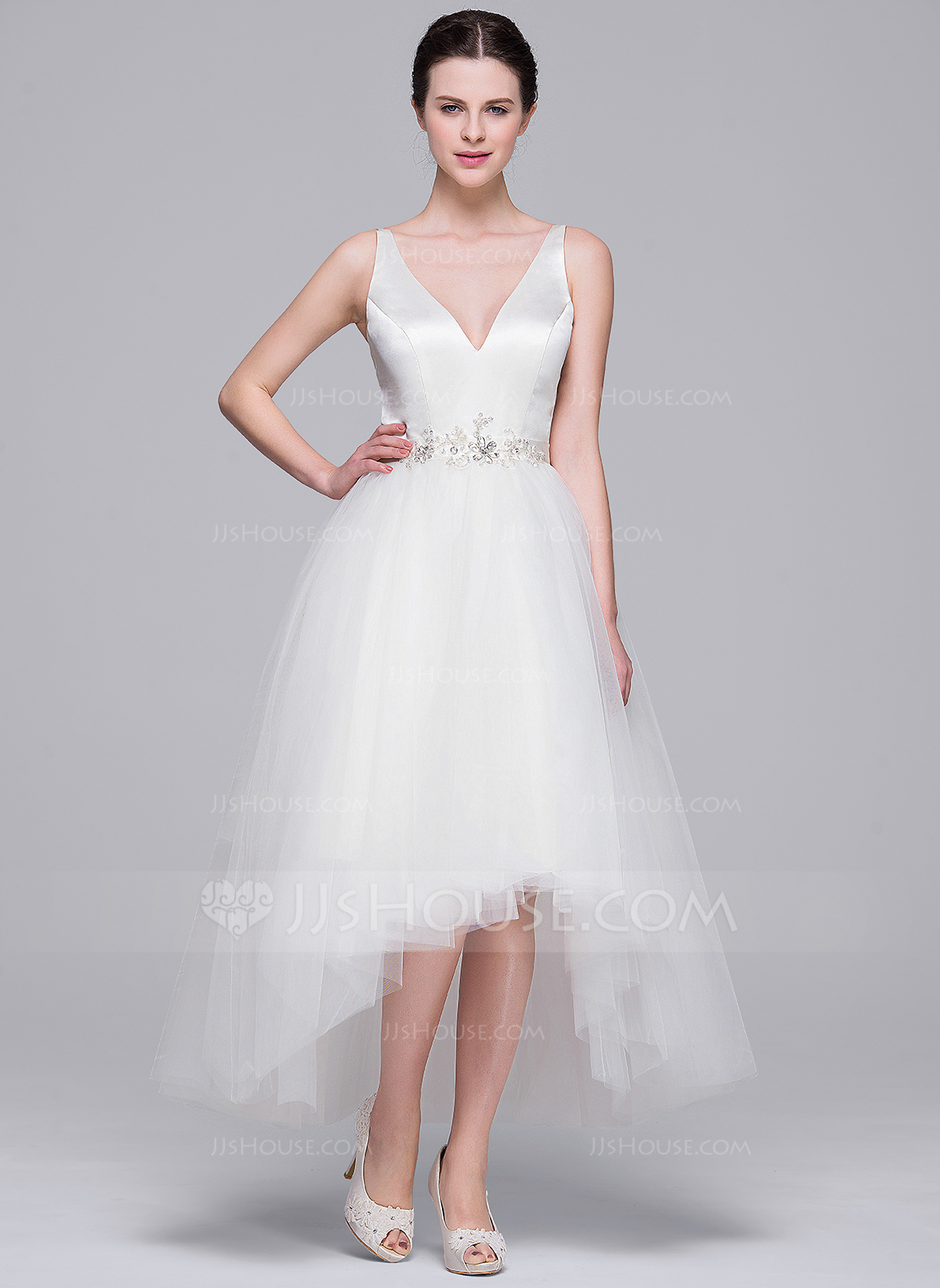 A-Line/Princess V-Neck Straps Asymmetrical Wedding Guest Dresses with Ruffles main image 0