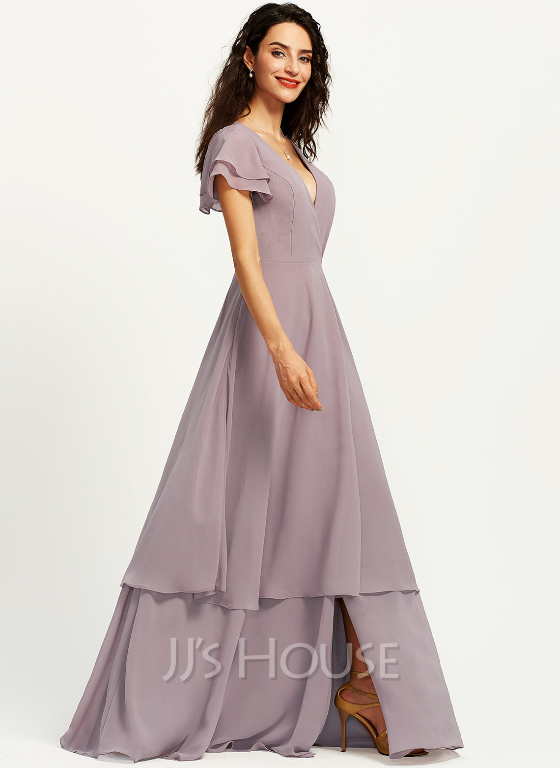 A-Line V-neck Floor-Length Bridesmaid Dress With Ruffle Split Front ...