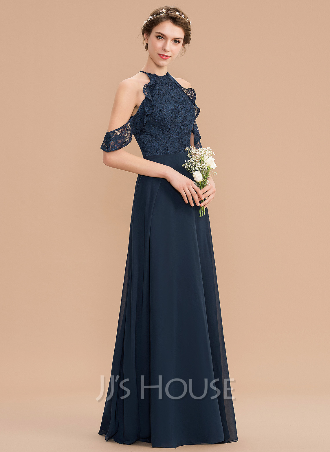 Misty Blue Scoop Chiffon A-line Long Bridesmaid Dress main image 0