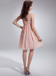 Scoop Neck Chiffon Girl's Knee-Length Dress Ivory main image 0