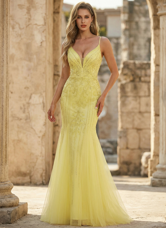 Belynda Trumpet/Mermaid V-Neck Spaghetti Straps Sequins Tulle Prom Dress |  JJ's House