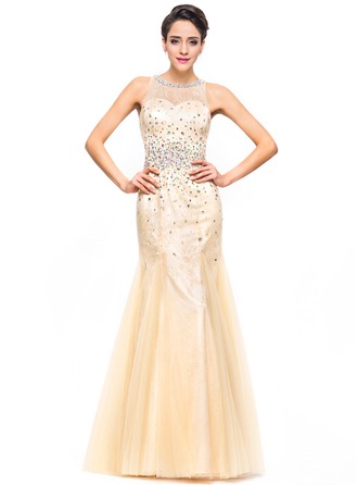 Trumpet/Mermaid Scoop Neck Floor-Length Tulle Lace Prom Dresses With ...