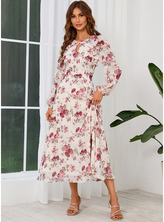 Black Floral Print Round Neck Long Sleeves Casual Dress main image 1