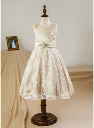 A-Line/Princess Lace Sleeveless V-Neck Tea-Length Flower Girl Dresses main image 0