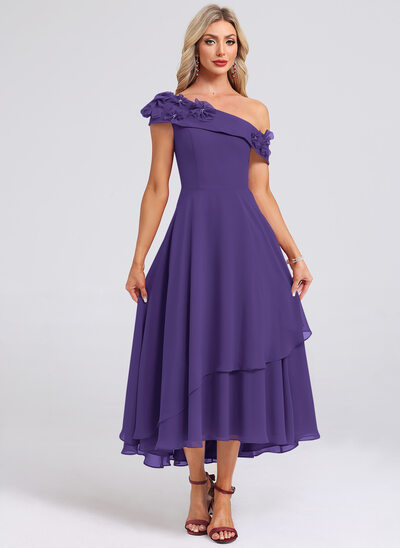 One Shoulder 3D Floral Chiffon Midi Dress