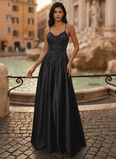 Kleid mit V-Ausschnitt Spaghettiträger Pailletten aus Satin