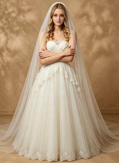Beading Cut Edge Single Tier Bridal Cathedral Length 118" Wedding Veils
