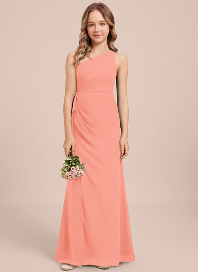boho long maxi dress Elegant A-line One Shoulder Coral Chiffon Long Bridesmaid Dresses –  Newinlook