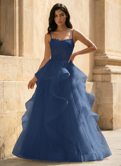 dusty blue flower dress Navy Tiered Tulle Dress - Elegant Evening Gown main image 1