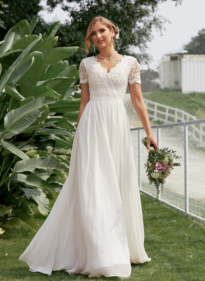 a line wedding dress with short sleeves A-line Wedding Dress With Short Sleeve,Illusion Neckline Wedding Dress,WD01113, US26W / White main image 1