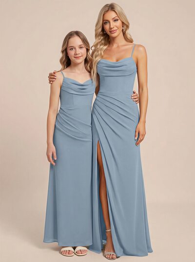 bridesmaid dresses ready to ship Light Blue Straps with Bows Mermaid Satin Tiered Long Bridesmaid Dress Sky Blue / 18 main image 1