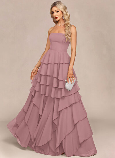 Vestido maxi con palabra de honor volantes en cascada de gasa