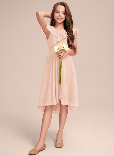 Flutter Sleeves V-neck Asymmetrical Junior Bridesmaid Dresses Blushing Pink main image 1