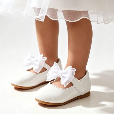 Pigens Round Toe Lukket Tå Leatherette Flad Hæl Fladsko Flower Girl Shoes med Bowknot Velcro 