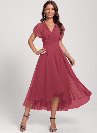 mexican inspired formal dresses Cap Sleeve Ruffled A-Line Chiffon Bridesmaid Dress in Wild Rose, Wild Rose / 30 main image 1