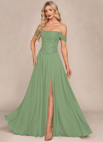 Kleid Maxi mit Carmen-Ausschnitt Plissee aus Chiffon