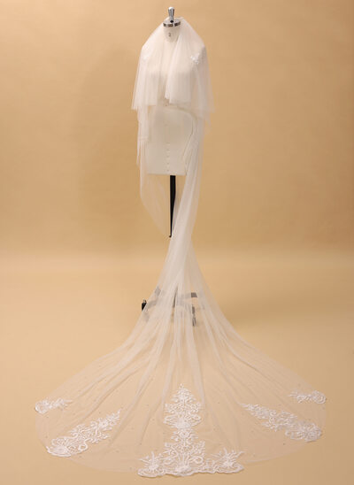 Pearl Cut Edge Two Tier Bridal Cathedral Length 118" Wedding Veils With Blusher