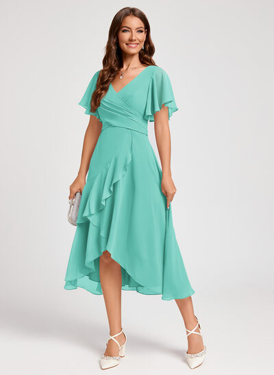 Kjole Midi i Chiffon med Brusende Volanger