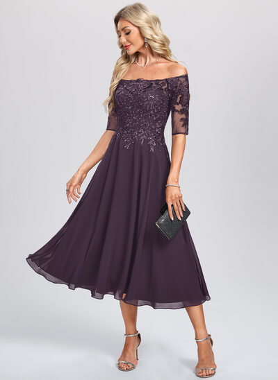 Off the Shoulder Chiffon Midi Dress