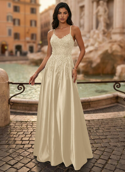 V-Neck Spaghetti Straps Sequins Satin Dress