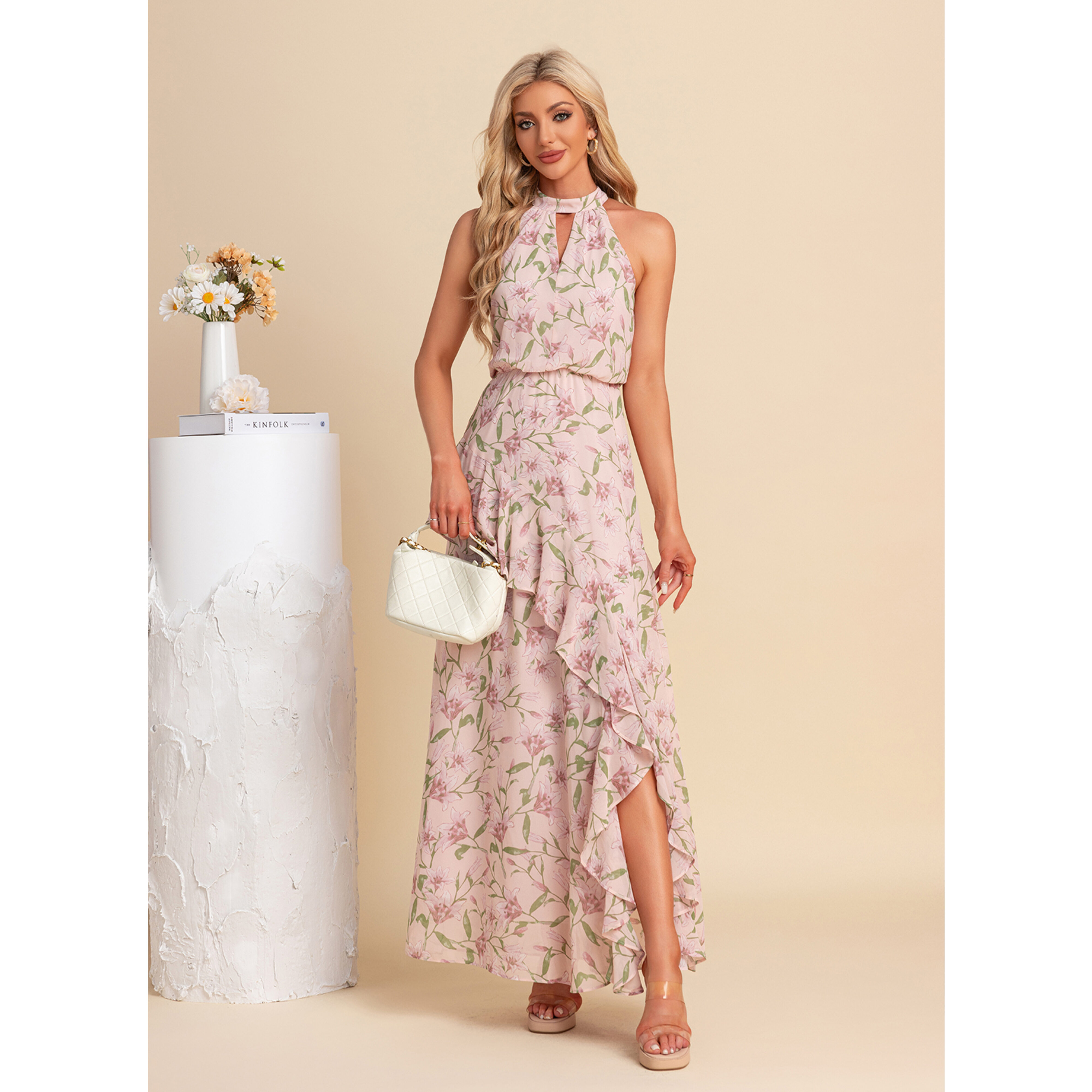 JJ's House Ruffle Floral Print Halter Sleeveless A-line Chiffon Asymmetrical Maxi Dress 2026 - Size: M, Pink