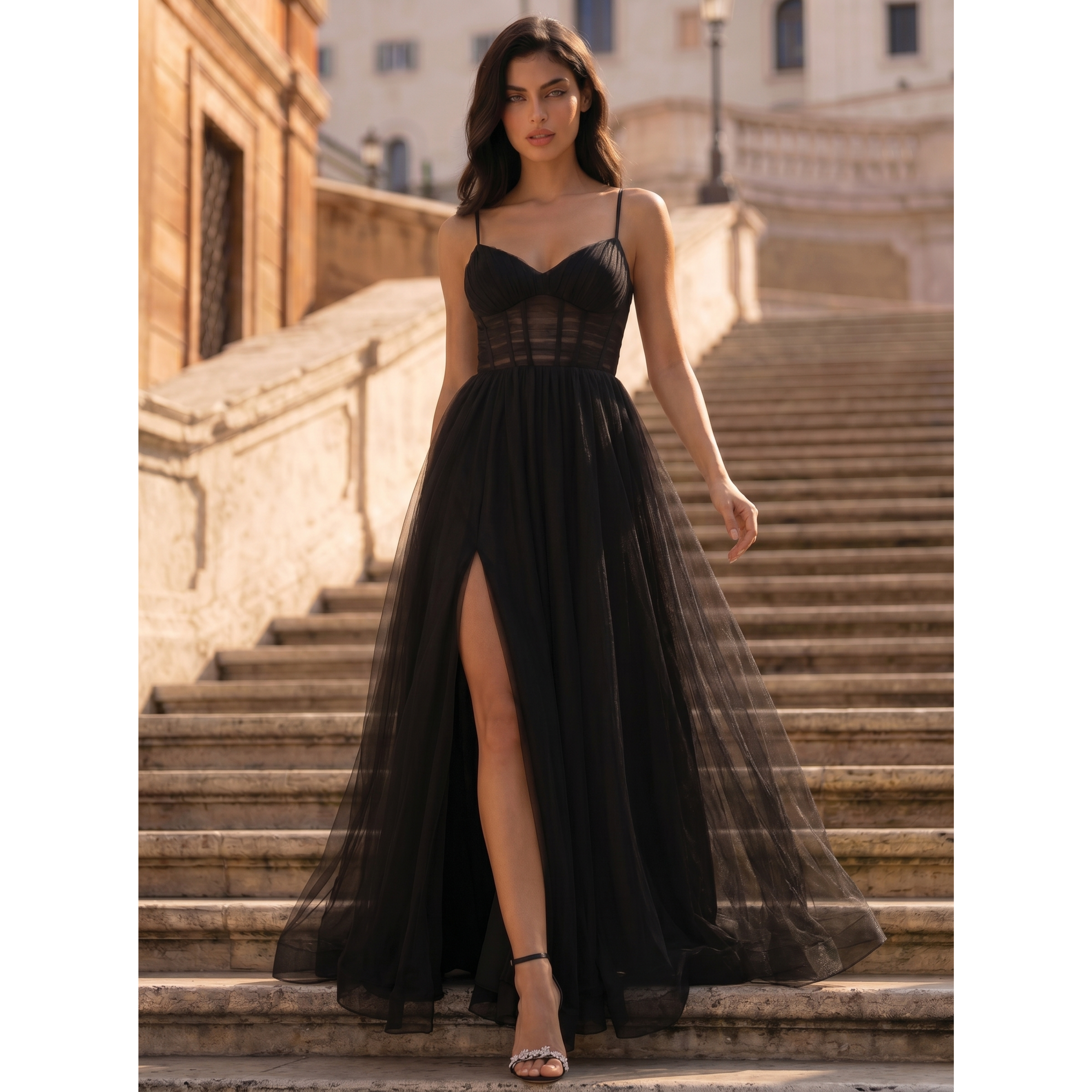 Shionka V-Neck Spaghetti Straps Pleated Tulle Prom Dress | JJ's House